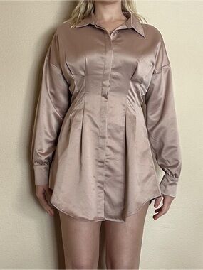 CAPSULLE Champagne Satin Corset Waist Button Down Shirt Mini Dress S